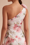 Pink Flower One Shoulder Keyhole Mermaid Long Formal Dress with Slit