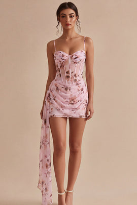 Floral Corset Pink Tight Short Ruched Homecoming Dress with Sash