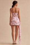 Floral Corset Pink Tight Short Ruched Homecoming Dress with Sash