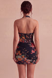 Floral Black Tight Short Corset Ruched Halter Backless Homecoming Dress