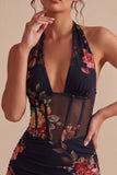 Floral Black Tight Short Corset Ruched Halter Backless Homecoming Dress