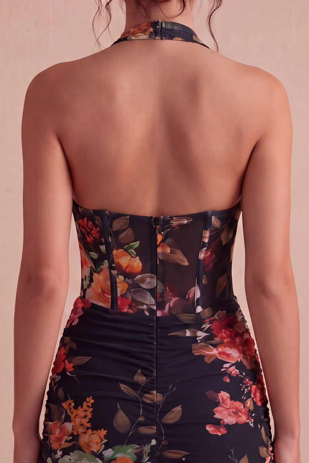 Floral Black Tight Short Corset Ruched Halter Backless Homecoming Dress