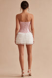 White and Pink Strapless Corset Ruffled Short Homecoming Dress with Bow