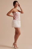White and Pink Strapless Corset Ruffled Short Homecoming Dress with Bow