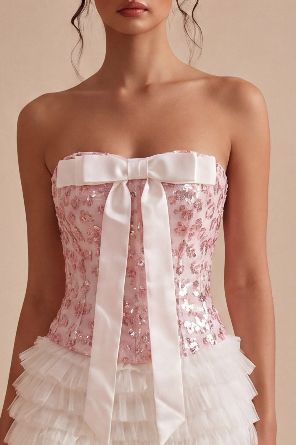 White and Pink Strapless Corset Ruffled Short Homecoming Dress with Bow