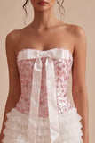 White and Pink Strapless Corset Ruffled Short Homecoming Dress with Bow