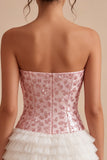 White and Pink Strapless Corset Ruffled Short Homecoming Dress with Bow