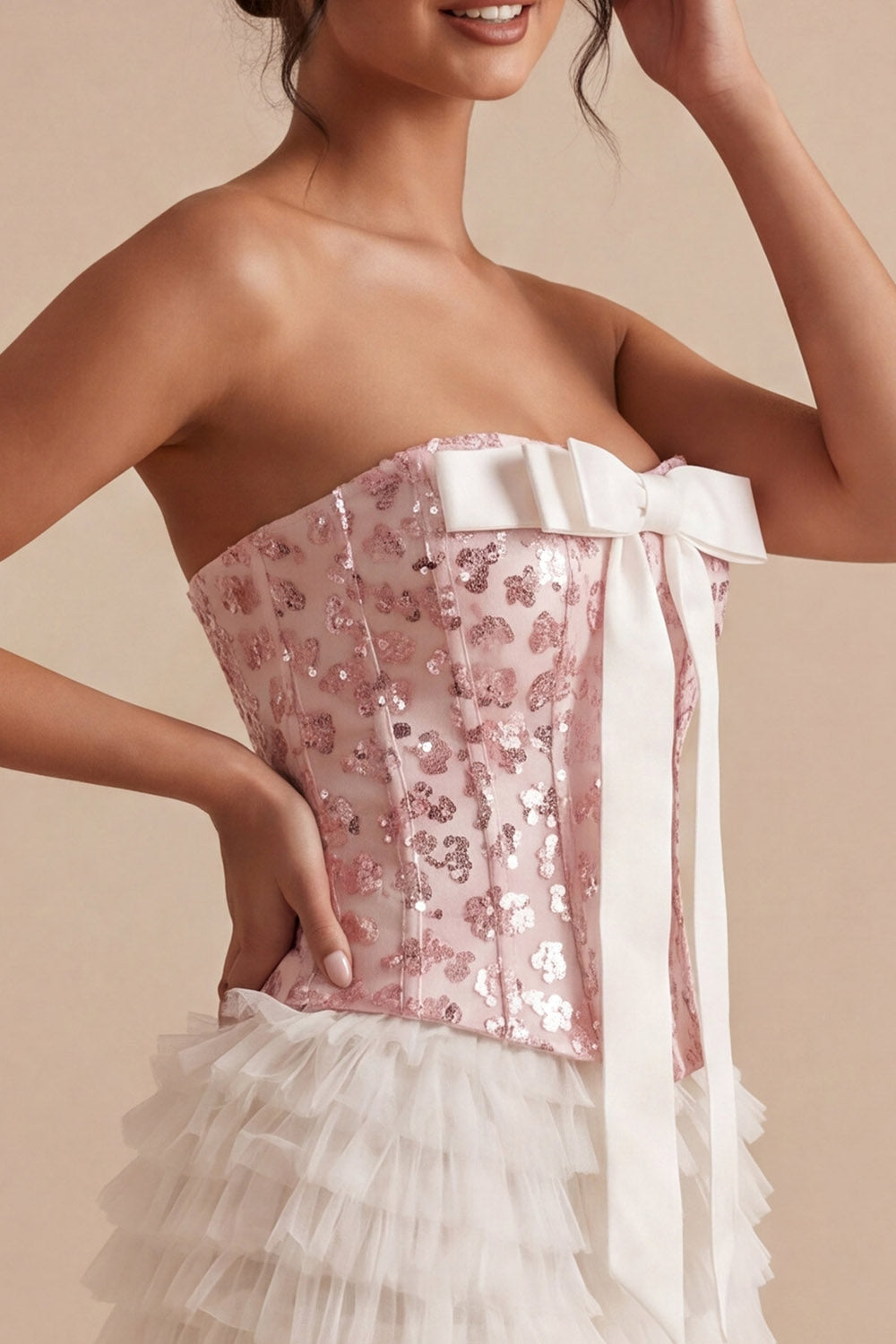 White and Pink Strapless Corset Ruffled Short Homecoming Dress with Bow