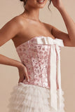 White and Pink Strapless Corset Ruffled Short Homecoming Dress with Bow