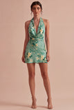Light Green Short Floral Halter Backless Homecoming Dress