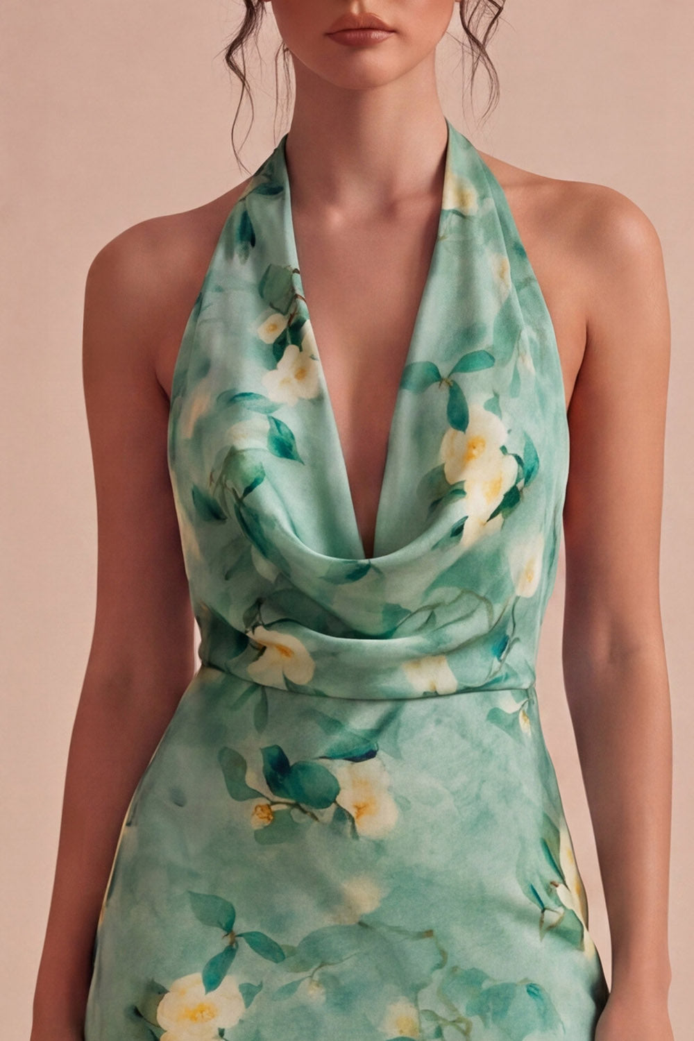Light Green Short Floral Halter Backless Homecoming Dress