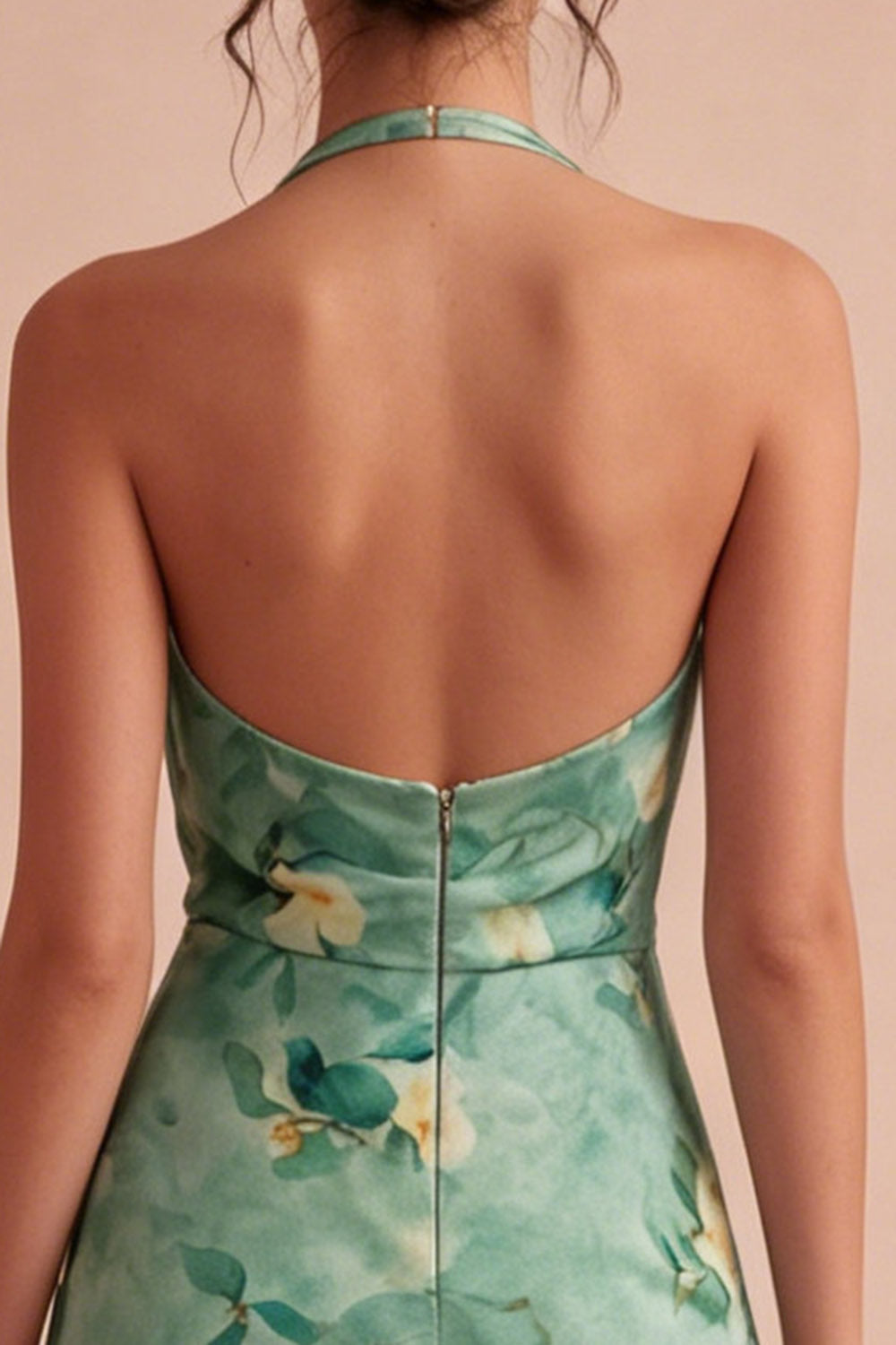 Light Green Short Floral Halter Backless Homecoming Dress