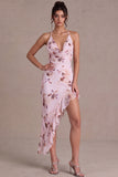 Floral Cowl Neck Pink Asymmetrical Homecoming Dress with Ruffles