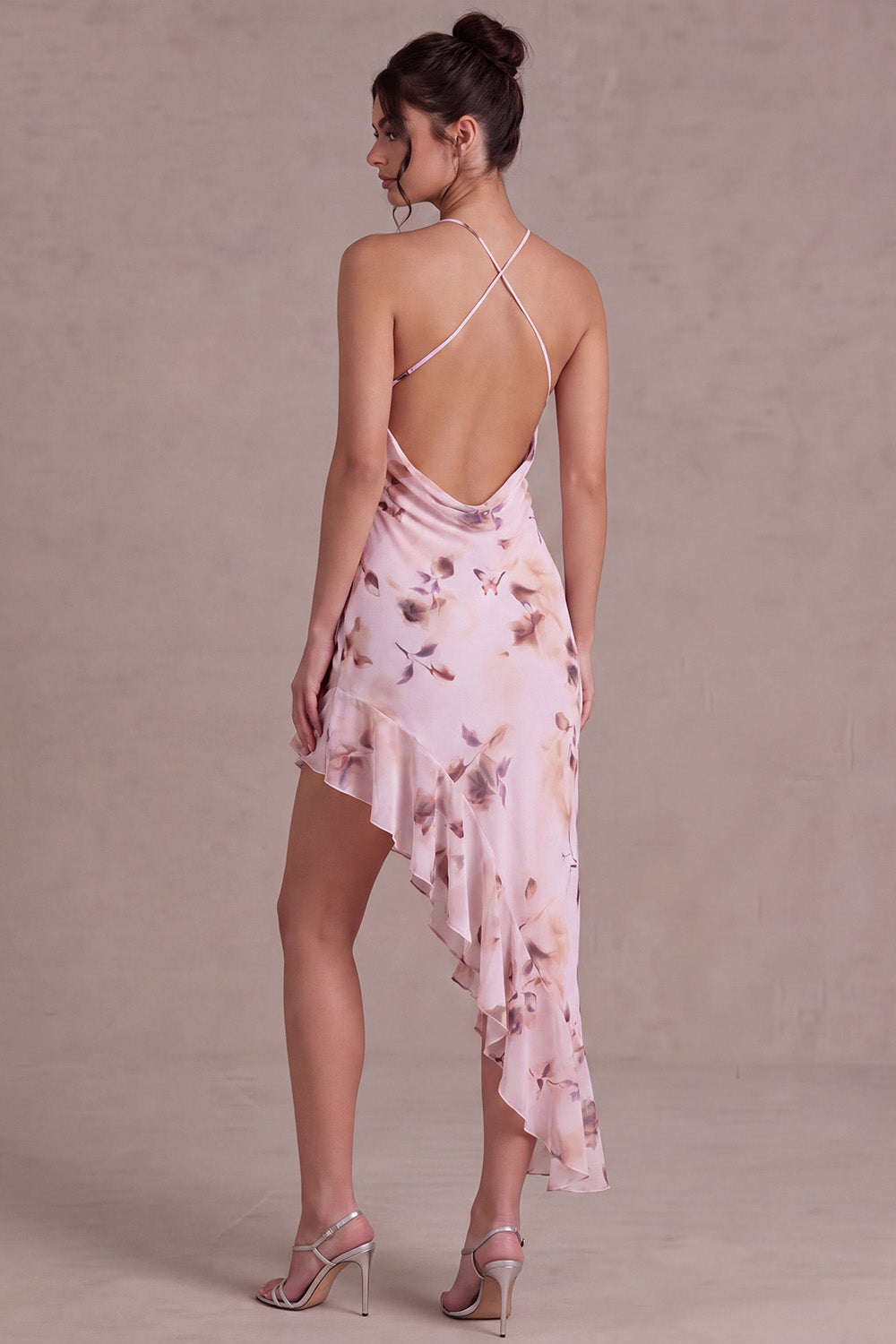 Floral Cowl Neck Pink Asymmetrical Homecoming Dress with Ruffles