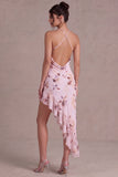 Floral Cowl Neck Pink Asymmetrical Homecoming Dress with Ruffles