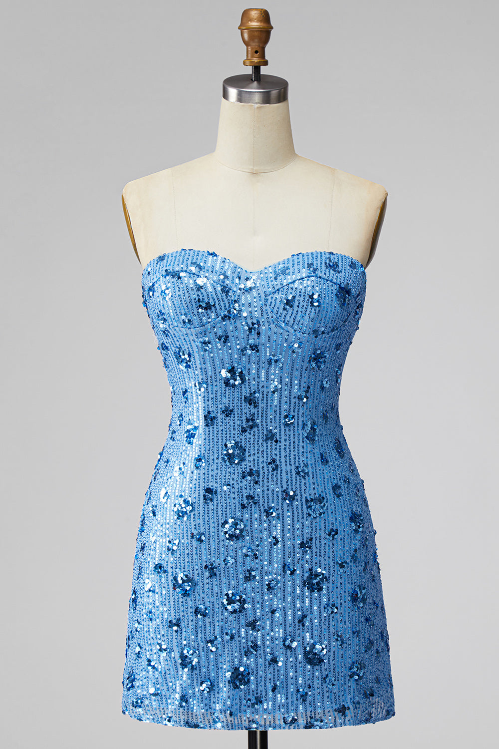 Sparkly Sky Blue Floral Tight Short Strapless Sequin Homecoming Dress