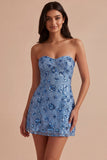Sparkly Sky Blue Floral Tight Short Strapless Sequin Homecoming Dress