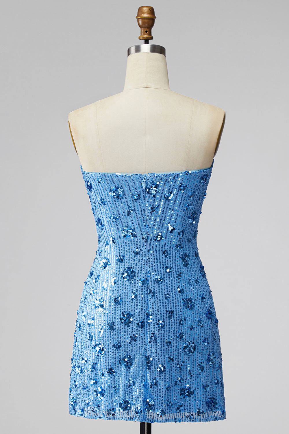 Sparkly Sky Blue Floral Tight Short Strapless Sequin Homecoming Dress