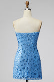 Sparkly Sky Blue Floral Tight Short Strapless Sequin Homecoming Dress