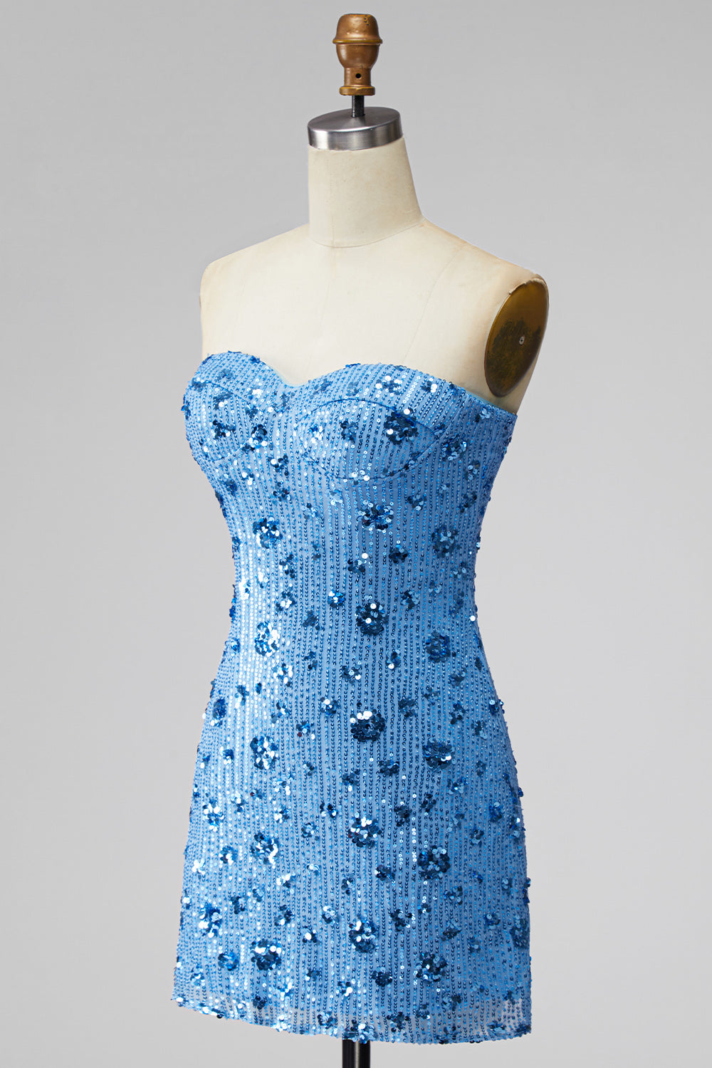Sparkly Sky Blue Floral Tight Short Strapless Sequin Homecoming Dress