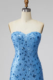 Sparkly Sky Blue Floral Tight Short Strapless Sequin Homecoming Dress