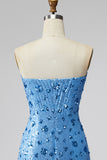 Sparkly Sky Blue Floral Tight Short Strapless Sequin Homecoming Dress
