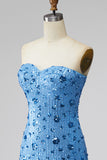 Sparkly Sky Blue Floral Tight Short Strapless Sequin Homecoming Dress