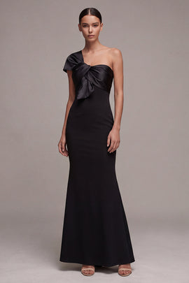 Mermaid One Shoulder Long Black Tie Dress with Bow