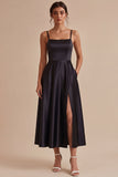 A Line Spaghetti Straps Maxi Black Tie Dress with Pockets