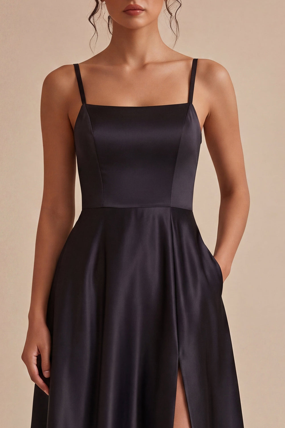 A Line Spaghetti Straps Maxi Black Tie Dress with Pockets