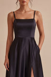A Line Spaghetti Straps Maxi Black Tie Dress with Pockets