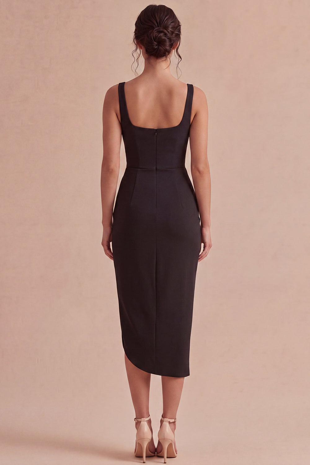 Zapakasa Women Black Midi Cocktail Dress with Slit Bodycon Ruched Thick  Straps Semi Formal Dress