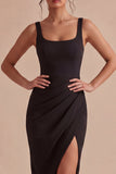 Bodycon Midi Ruched Thick Straps Black Cocktail Dress with Slit