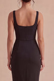 Bodycon Midi Ruched Thick Straps Black Cocktail Dress with Slit
