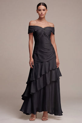 Off the Shoulder A Line Long Black Tie Dress with Ruffles