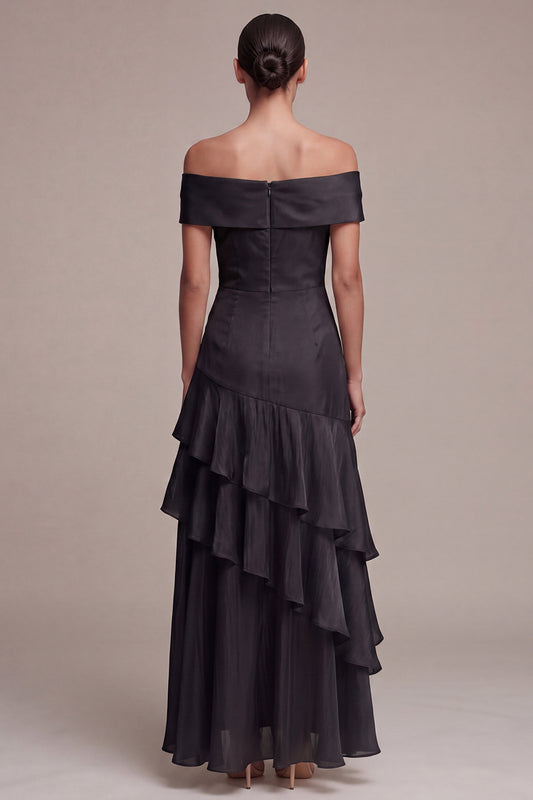 Off the Shoulder A Line Long Black Tie Dress with Ruffles