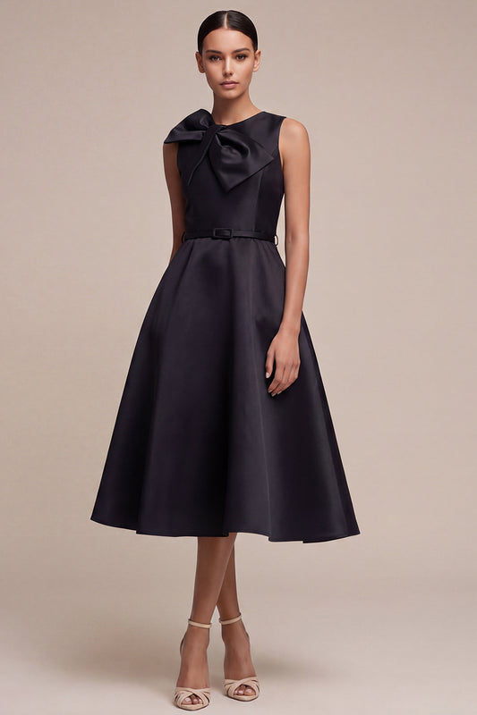 Round Neck A Line Midi Black Cocktail Dress with Bow