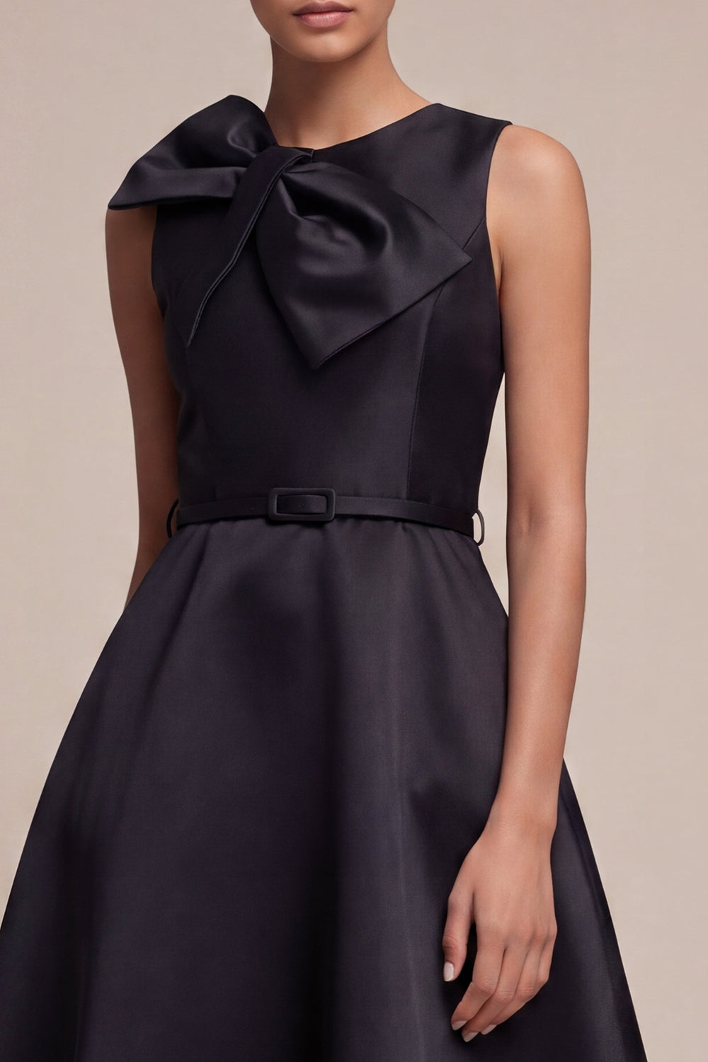 Round Neck A Line Midi Black Cocktail Dress with Bow