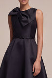 Round Neck A Line Midi Black Cocktail Dress with Bow