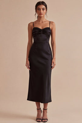 Spaghetti Straps Ruched Mermaid Long Black Tie Dress