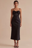 Spaghetti Straps Ruched Mermaid Long Black Tie Dress