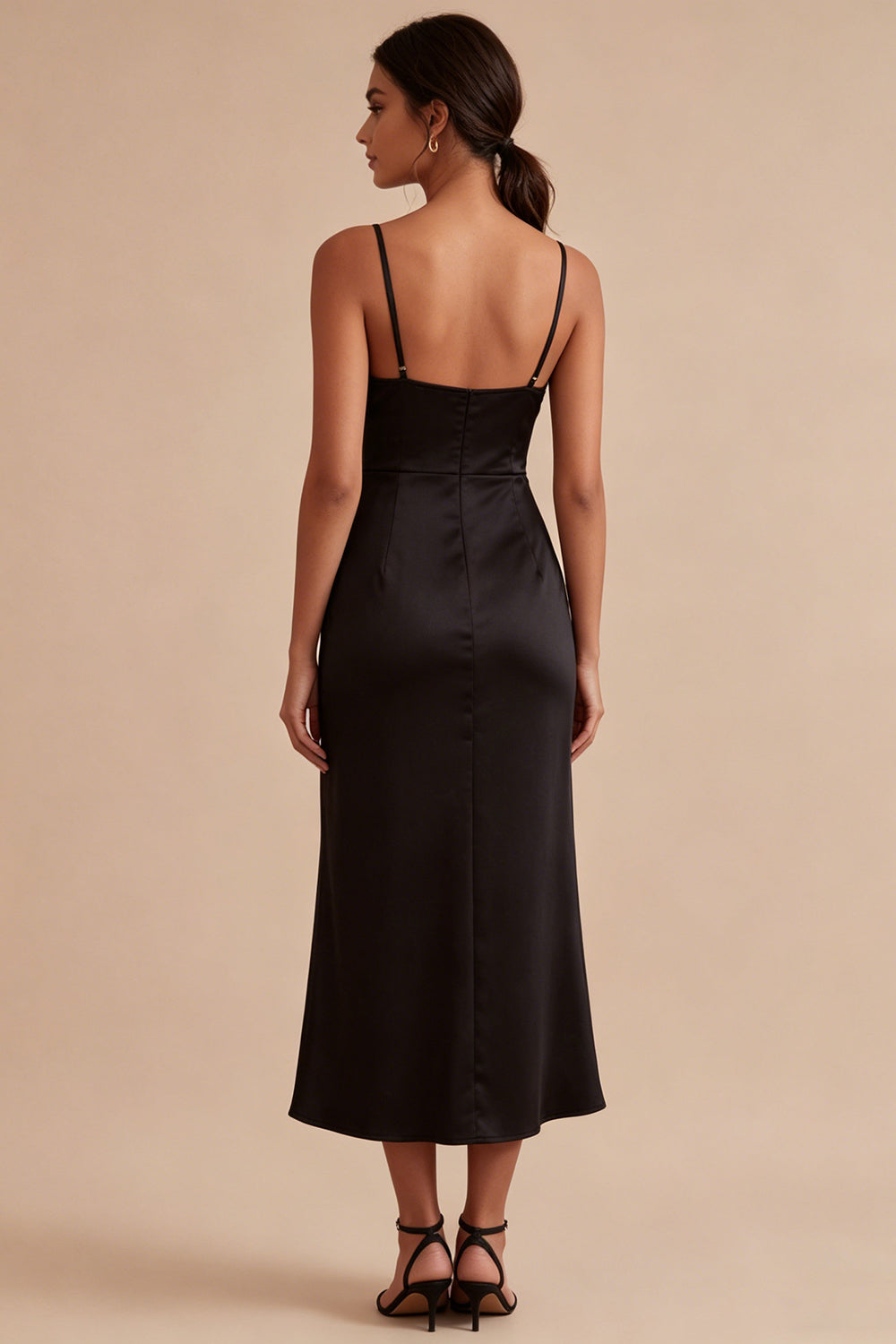 Spaghetti Straps Ruched Mermaid Long Black Tie Dress