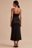 Spaghetti Straps Ruched Mermaid Long Black Tie Dress