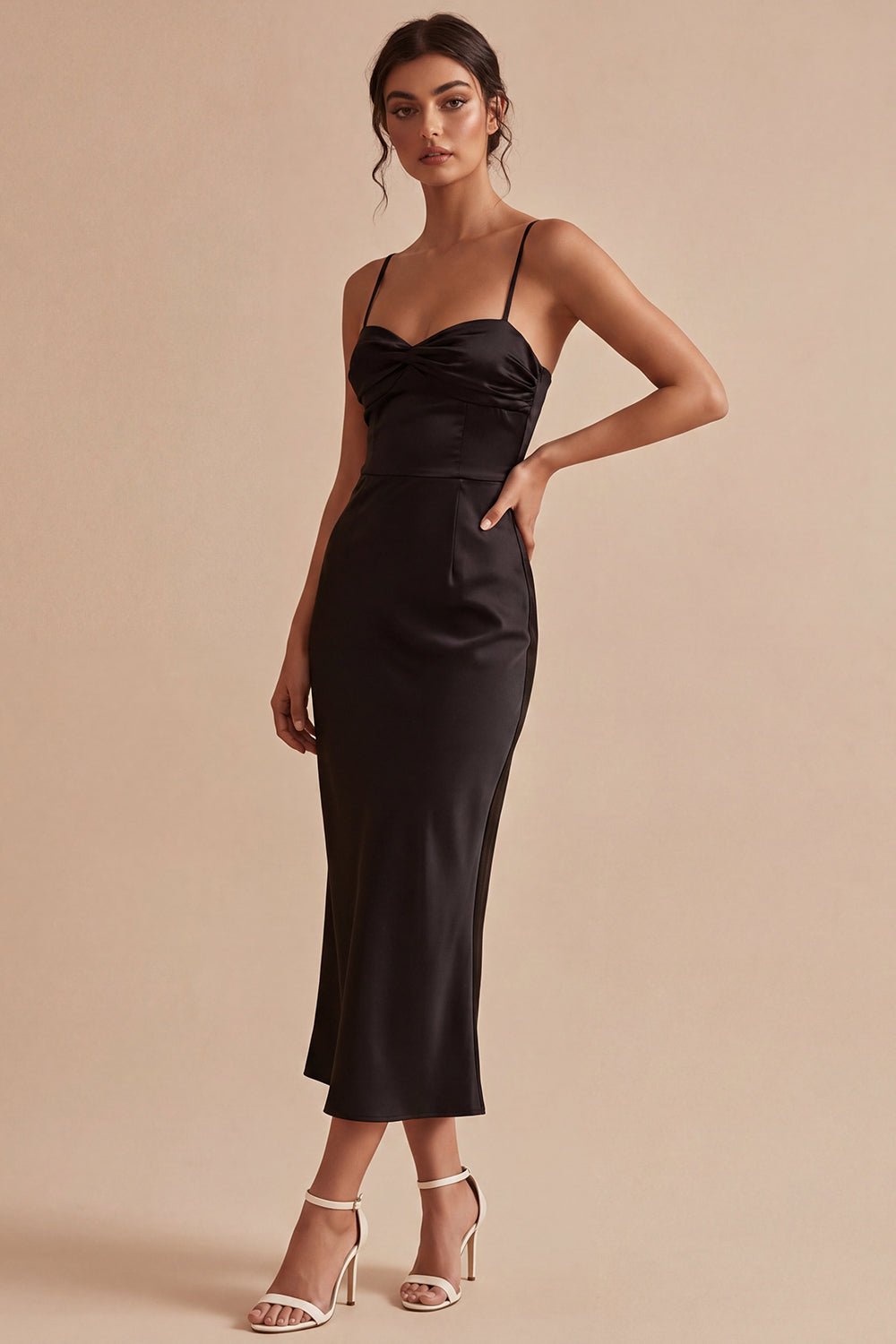 Spaghetti Straps Ruched Mermaid Long Black Tie Dress