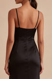 Spaghetti Straps Ruched Mermaid Long Black Tie Dress