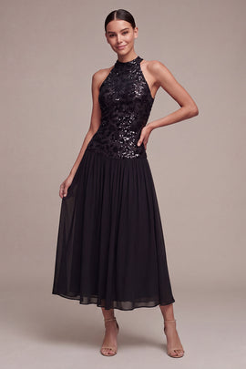 High Neck A Line Sparkly Long Black Tie Dress with Sequins