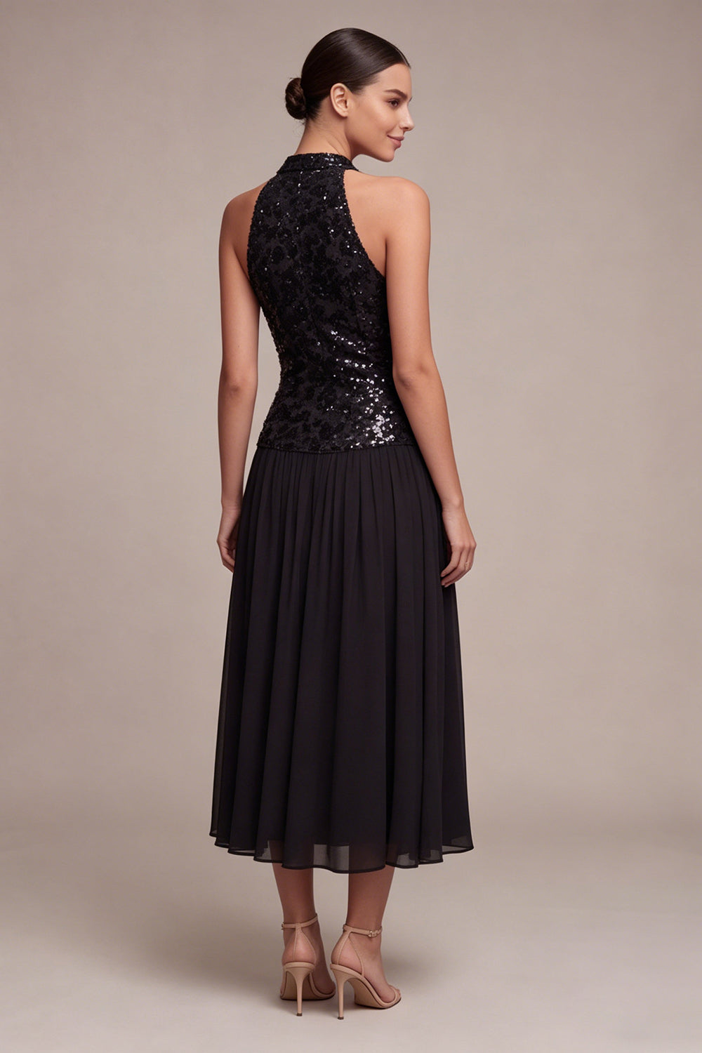 High Neck A Line Sparkly Long Black Tie Dress with Sequins