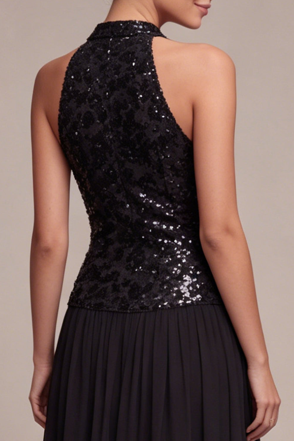 High Neck A Line Sparkly Long Black Tie Dress with Sequins