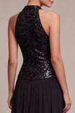 High Neck A Line Sparkly Long Black Tie Dress with Sequins