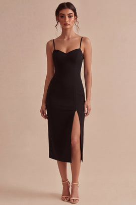 Midi Spaghetti Straps Black Bodycon Cocktail Dress with Slit